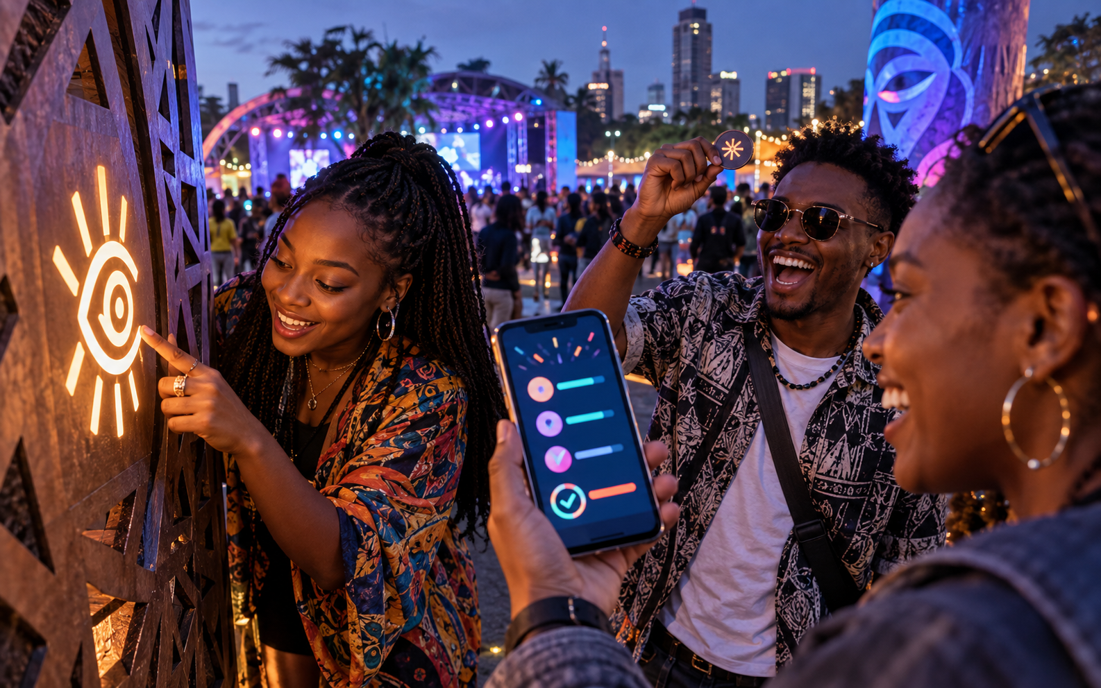 Friends complete a phone-guided scavenger hunt challenge at an event